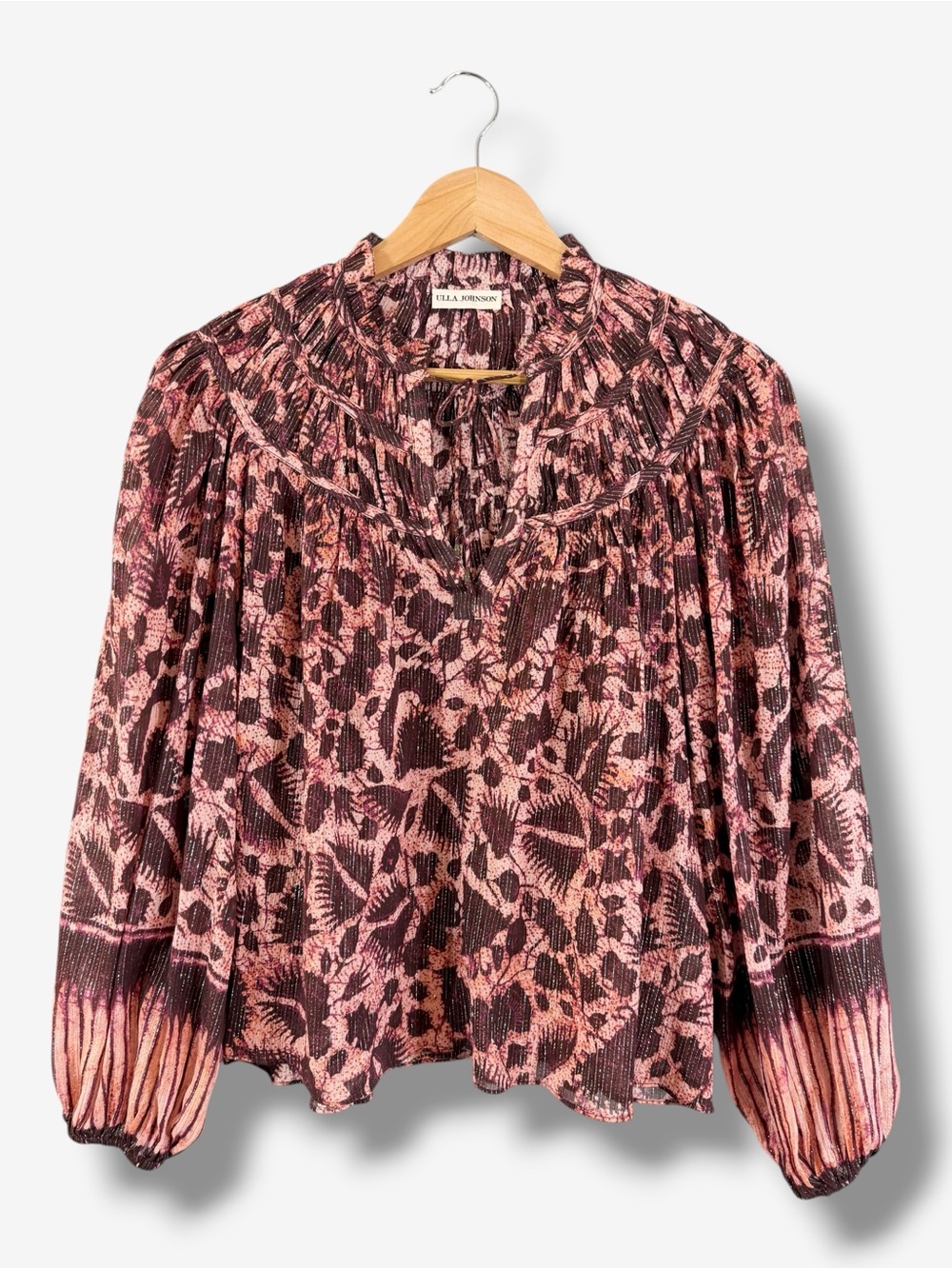 Ulla Johnson Yulia Blouse Size 2 Purple Shimmer Metallic Tie Neck Balloon Sleeve